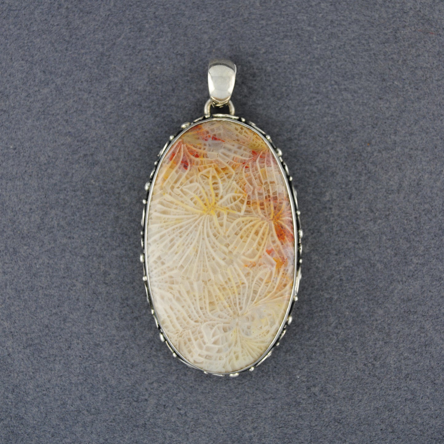 Sterling Silver Fossilized Coral Scroll Oval Pendant