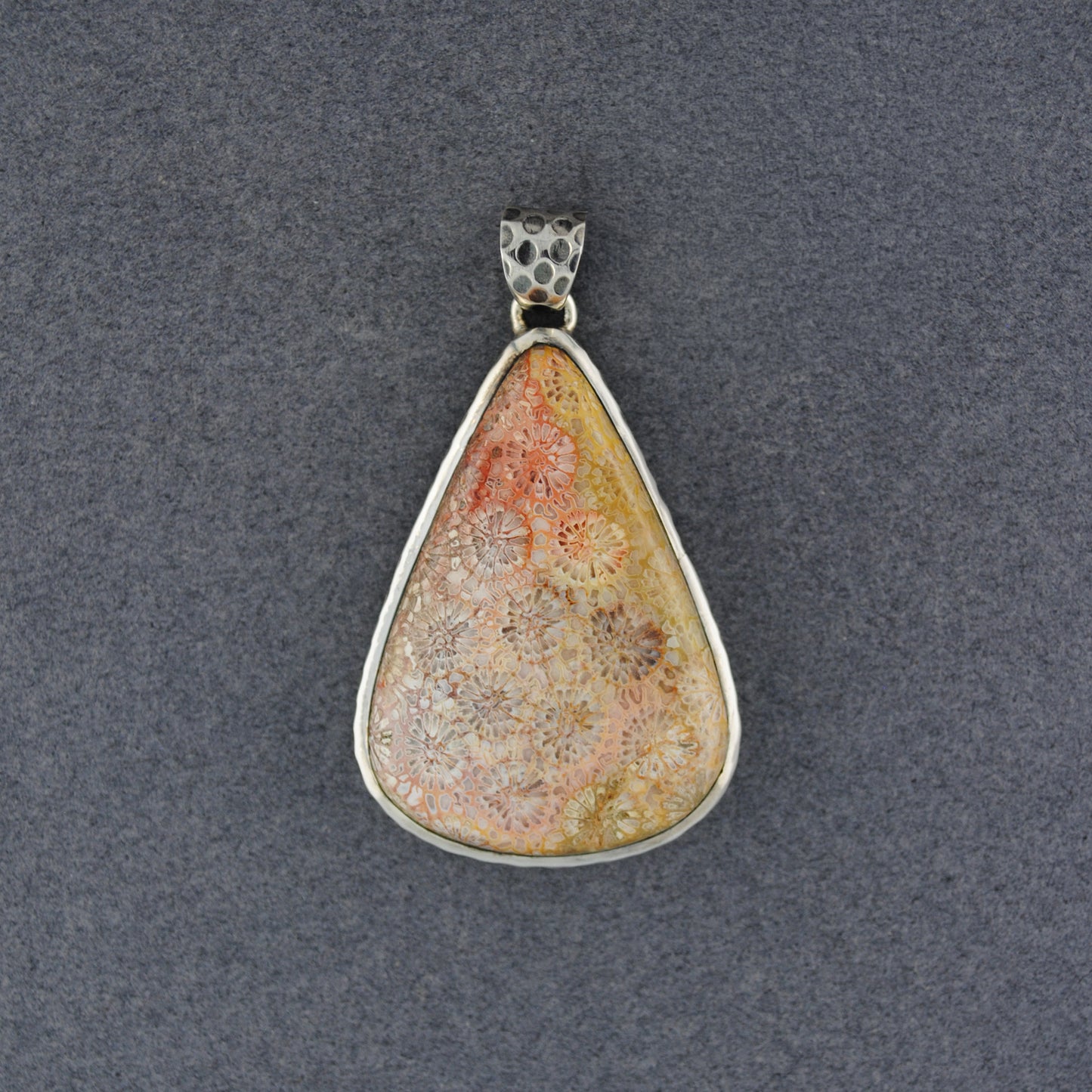 Sterling Silver Fossilized Coral Hammered Teardrop Pendant