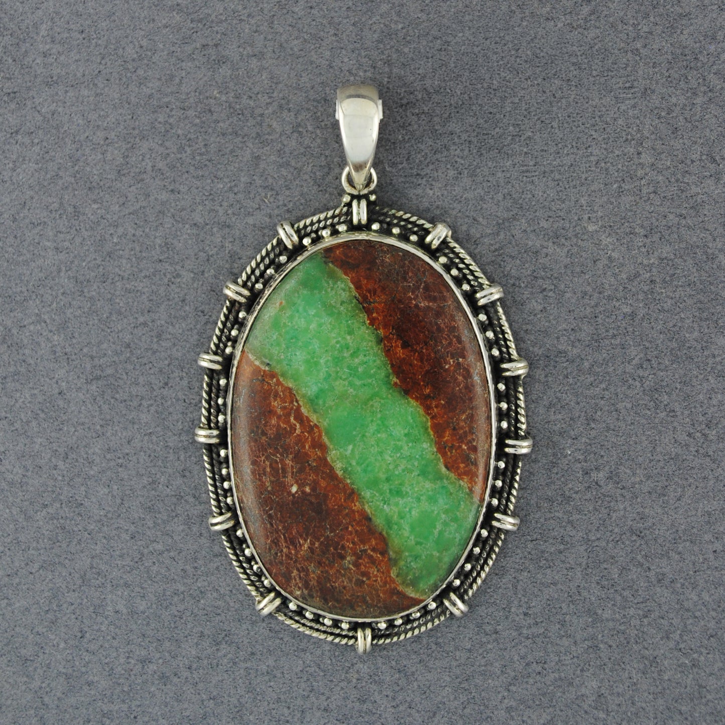Sterling Silver Boulder Chrysoprase Antiqued Oval Pendant