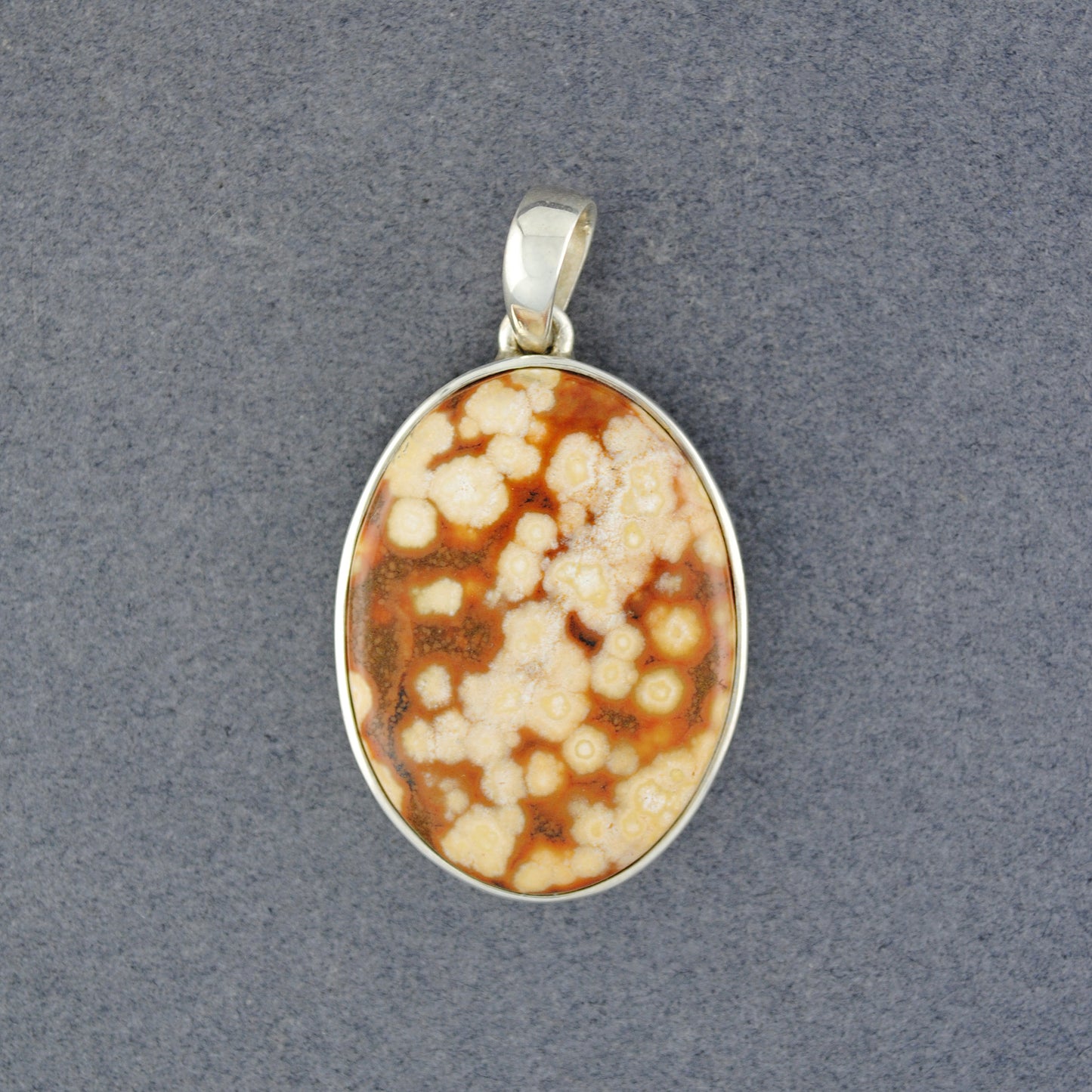 Sterling Silver Ocean Jasper Orange and Tan Oval Pendant
