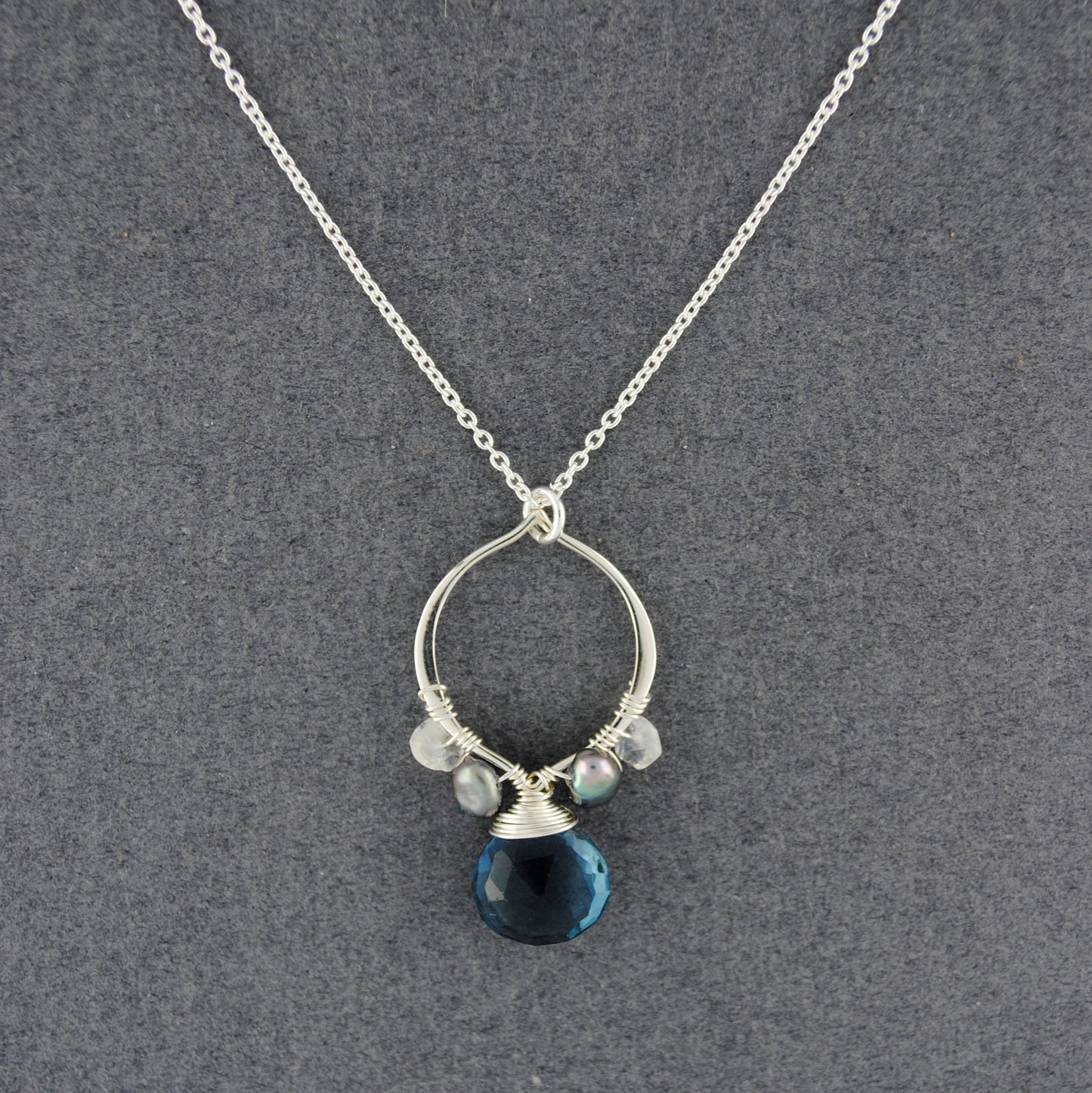 Sterling Silver Romantic Teardrop London Blue Quartz, Pearl and Moonstone Necklace