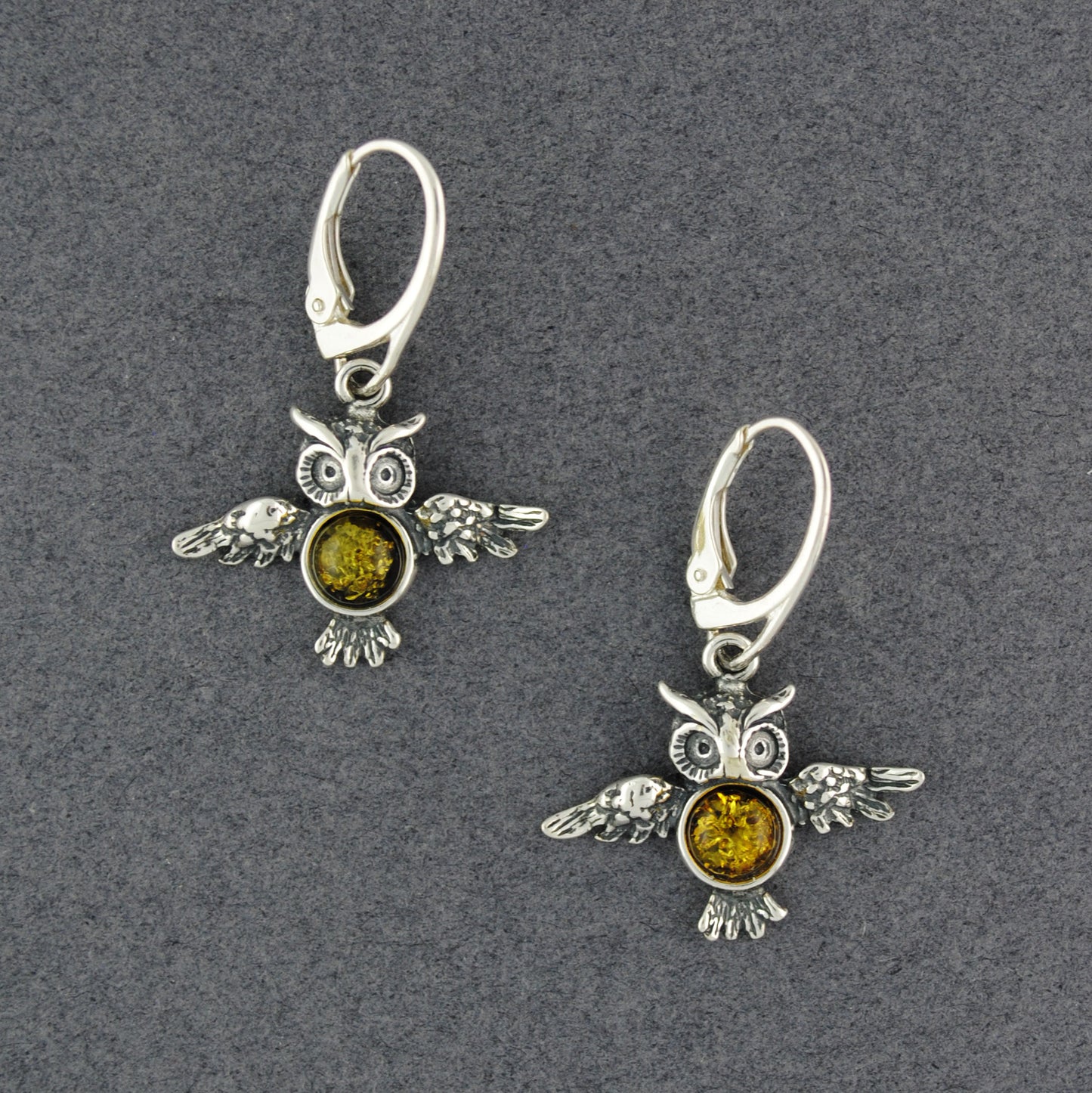 Green Amber Flying Owl Earrings