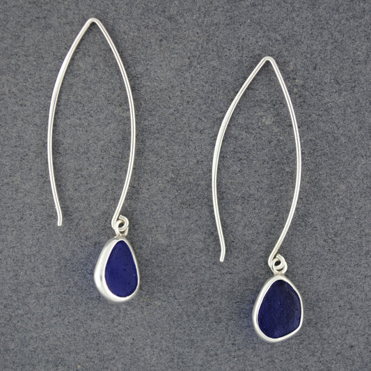 Sterling Silver Long Drop Cobalt Sea Glass Earrings