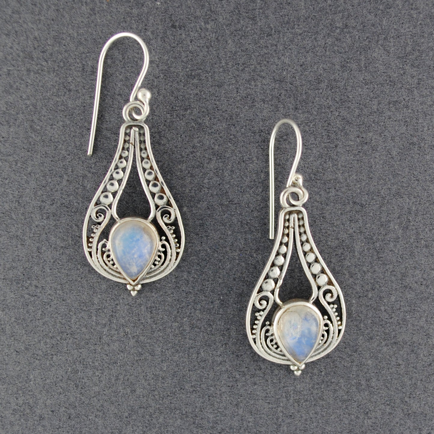 Sterling Silver Ornate Moonstone Drop Earrings