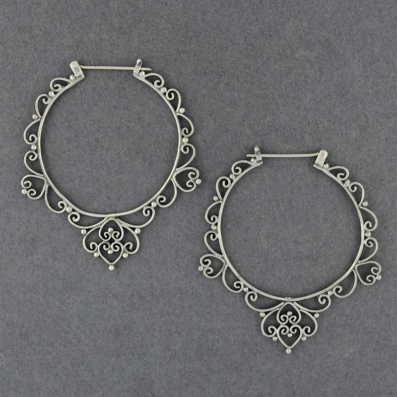 Sterling Silver Large Ornate Hoop Earrings