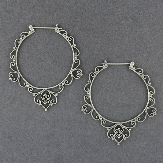 Sterling Silver Large Ornate Hoop Earrings