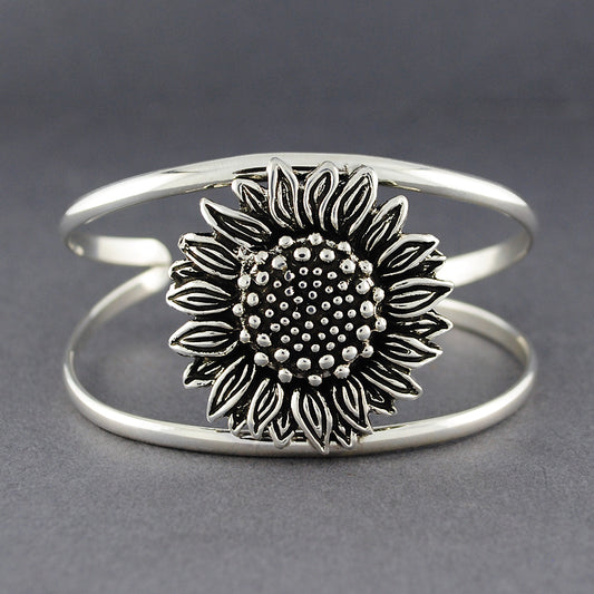 Sterling Silver Antiqued Sunflower Cuff Bracelet