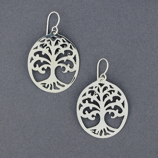 Sterling Silver Fancy Tree In Oval Earrings