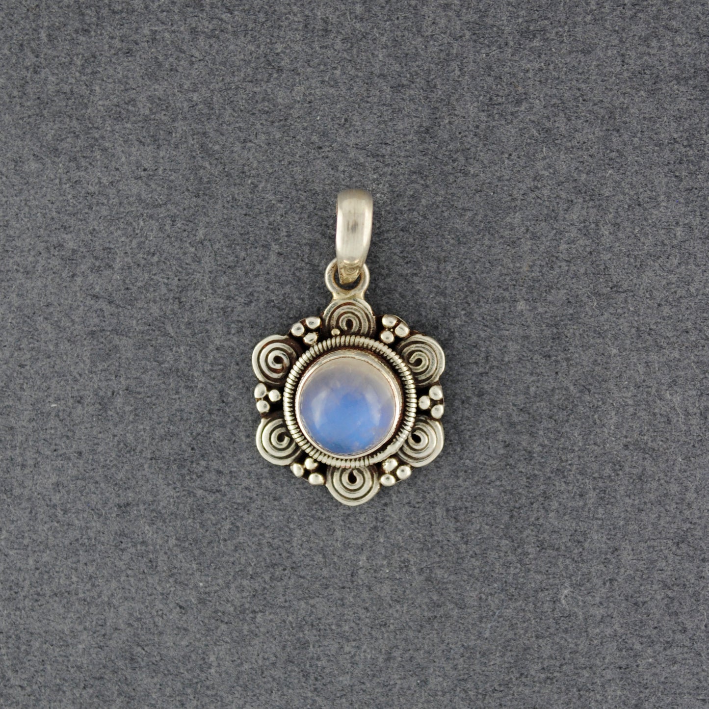 Sterlimg Silver Round Moonstone Swirl Frame Pendant