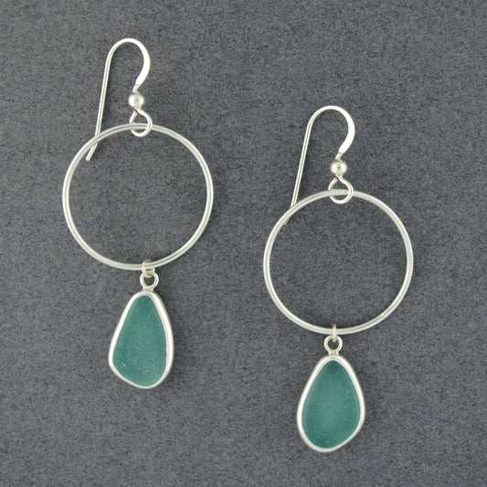 Sterling Silver Hoop Drop Aqua Sea Glass Earrings