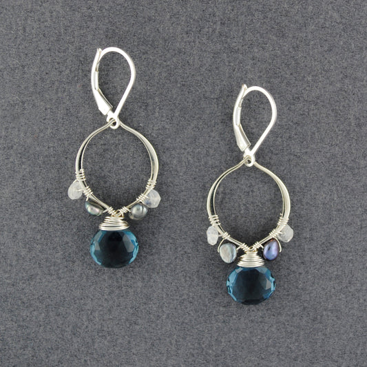Sterling Silver Romantic Teardrop London Blue Quartz, Moonstone and Pearl Earrings