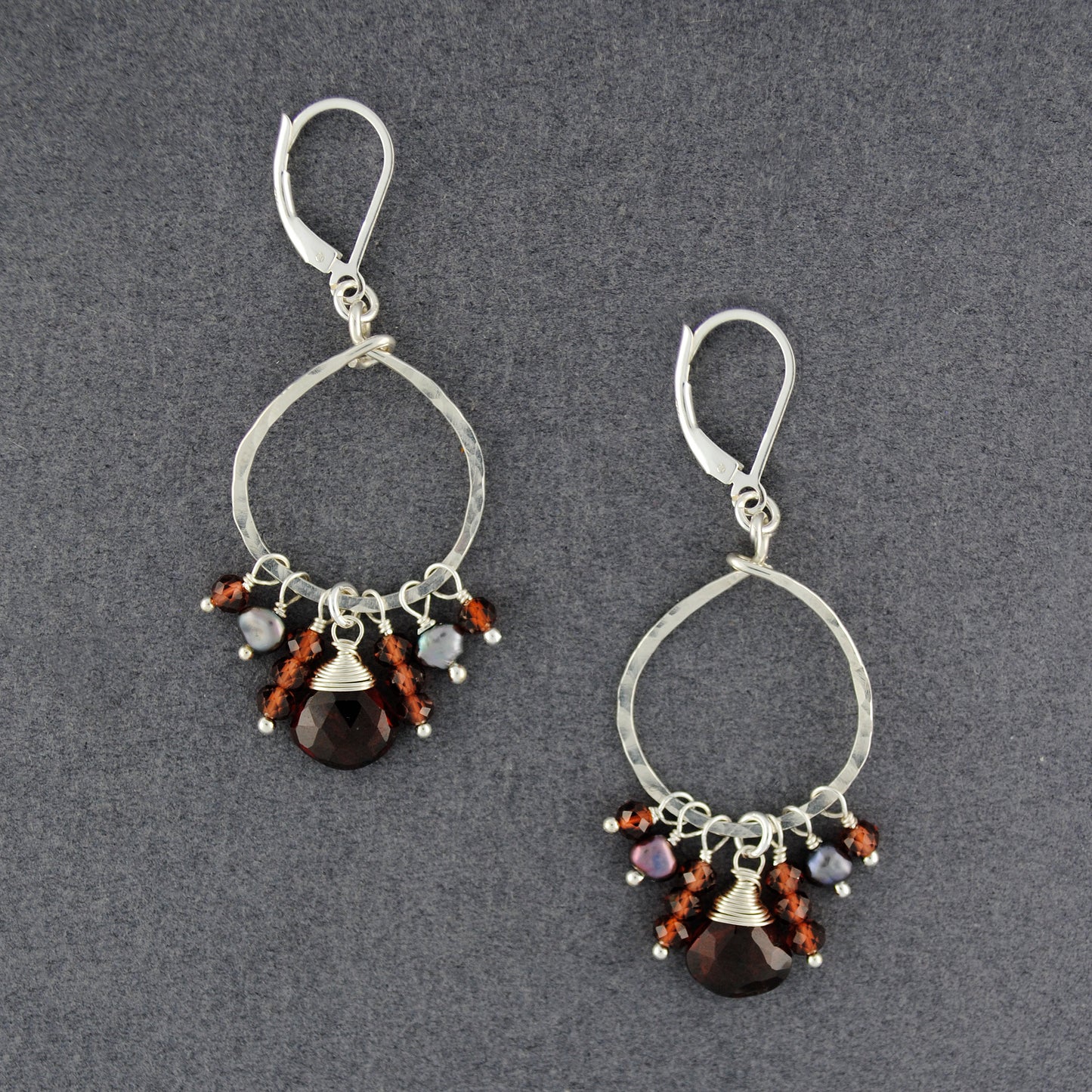 Sterling Silver Hammered Circle Garnet and Pearl Earrings