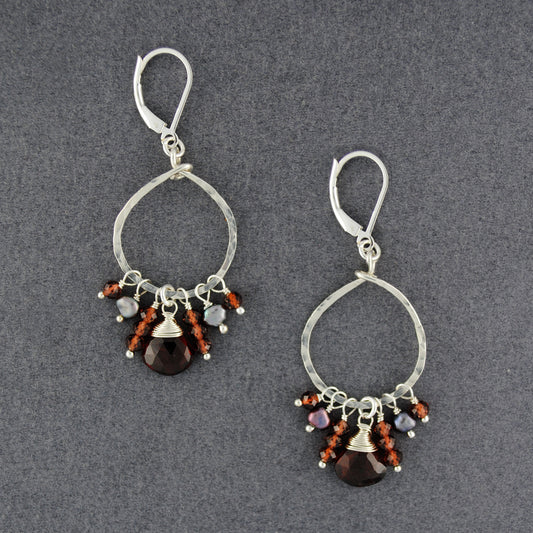 Sterling Silver Hammered Circle Garnet and Pearl Earrings