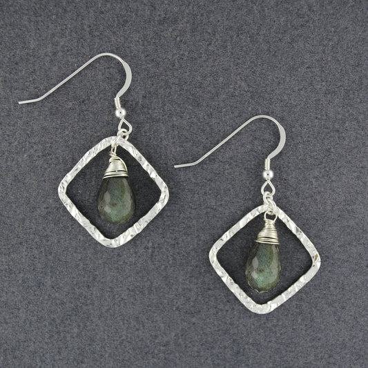 Sterling Silver Hammered Diamond Shape Labradorite Earrings