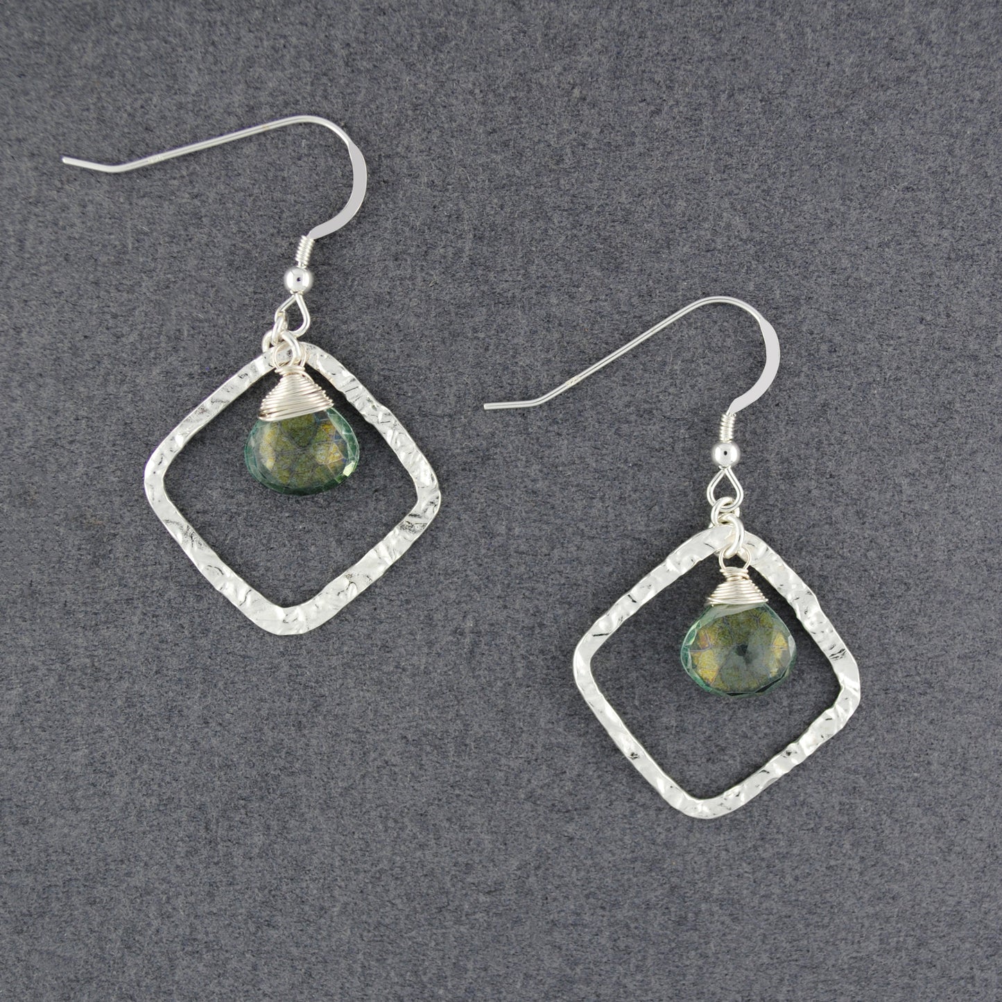 Sterling Silver Hammered Diamond Shape Green Mystic Quartz Earrings