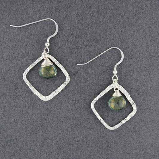 Sterling Silver Hammered Diamond Shape Green Mystic Quartz Earrings