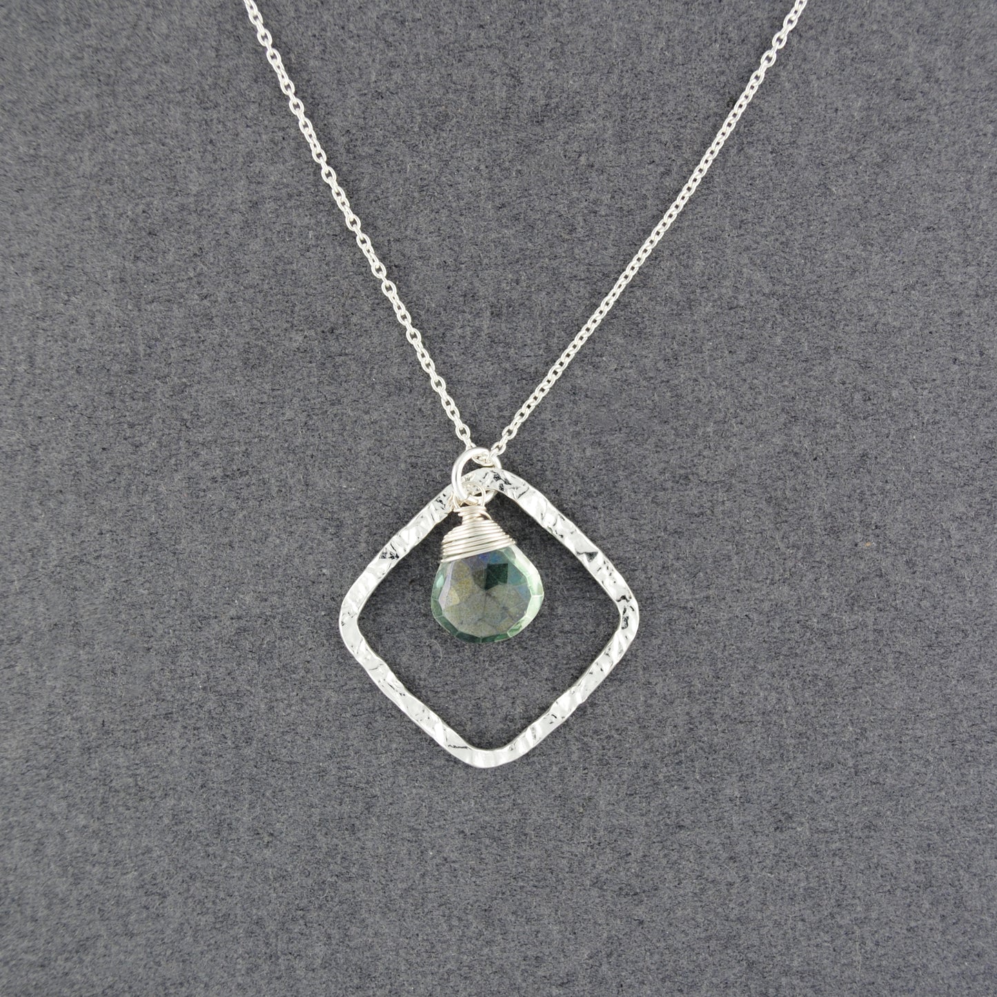 Sterling Silver Hammered Diamond Shape Green Mystic Quartz Necklace