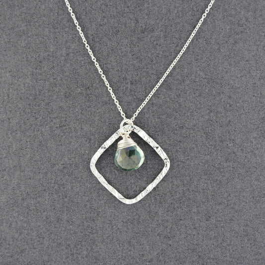Sterling Silver Hammered Diamond Shape Green Mystic Quartz Necklace