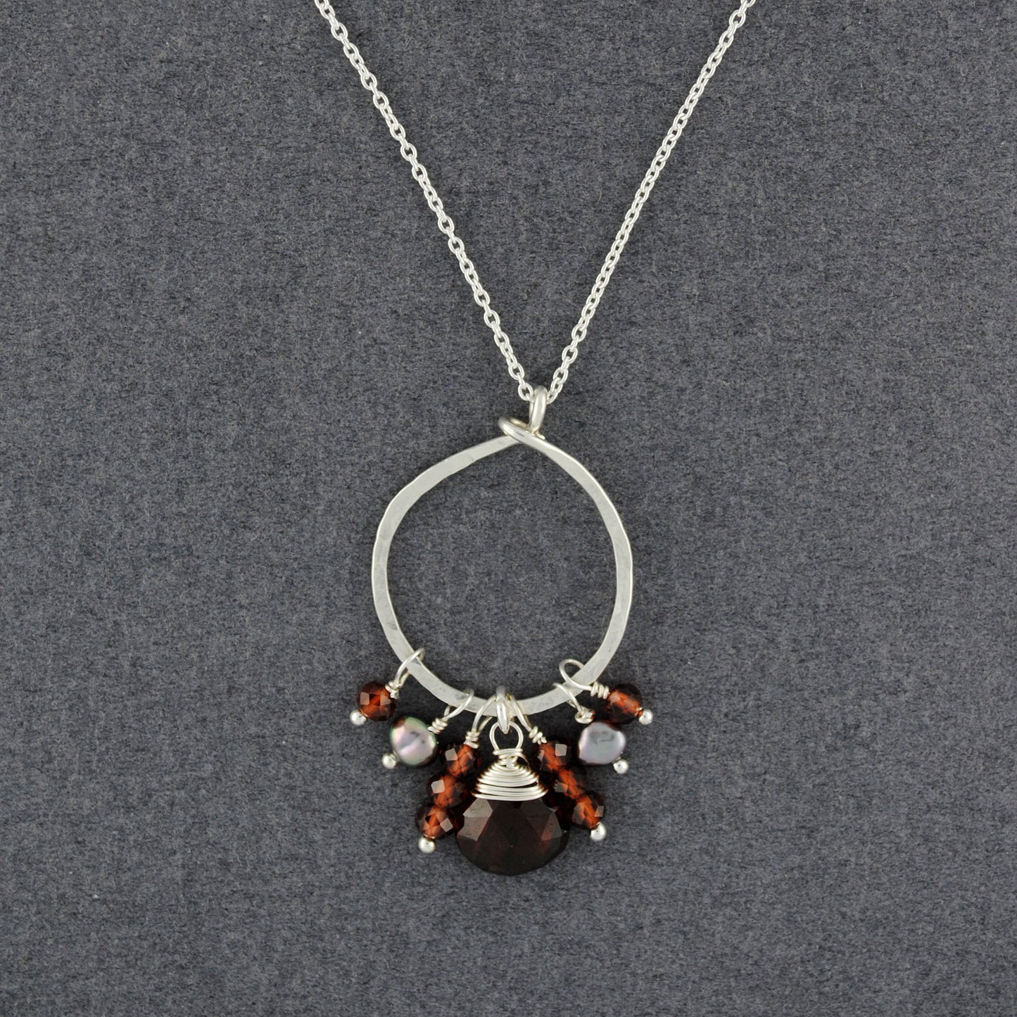 Sterling Silver Hammered Circle Garnet and Pearl Necklace