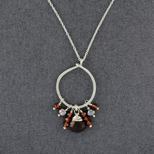 Sterling Silver Hammered Circle Garnet and Pearl Necklace