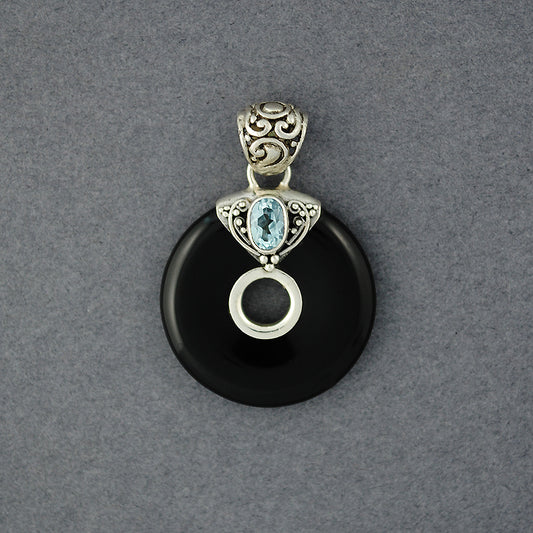 Onyx & Blue Topaz Circle Pendant
