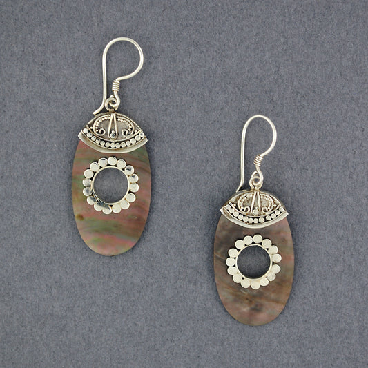 Black Mother of Pearl Ornate Oval Earrings