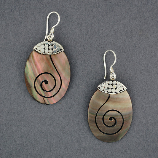 Black Mother of Pearl Oval Spiral Earrings