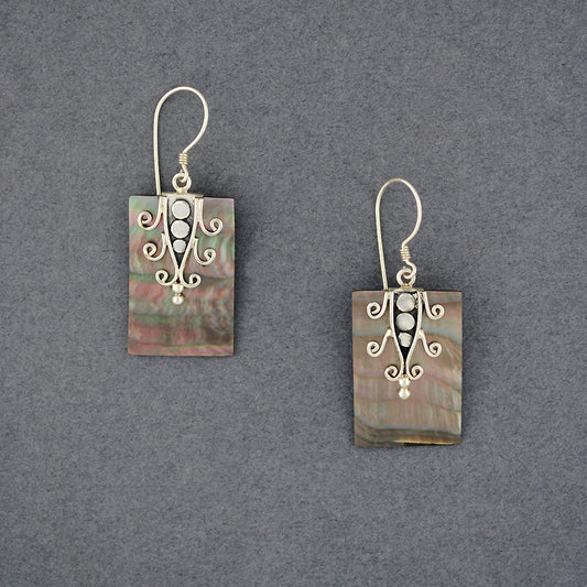 Black Mother of Pearl Ornate Rectangle Earrings