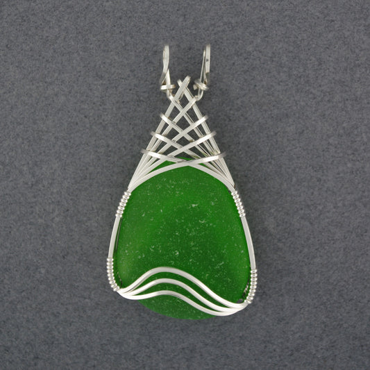 Sterling Silver Green Sea Glass Weave Pendant