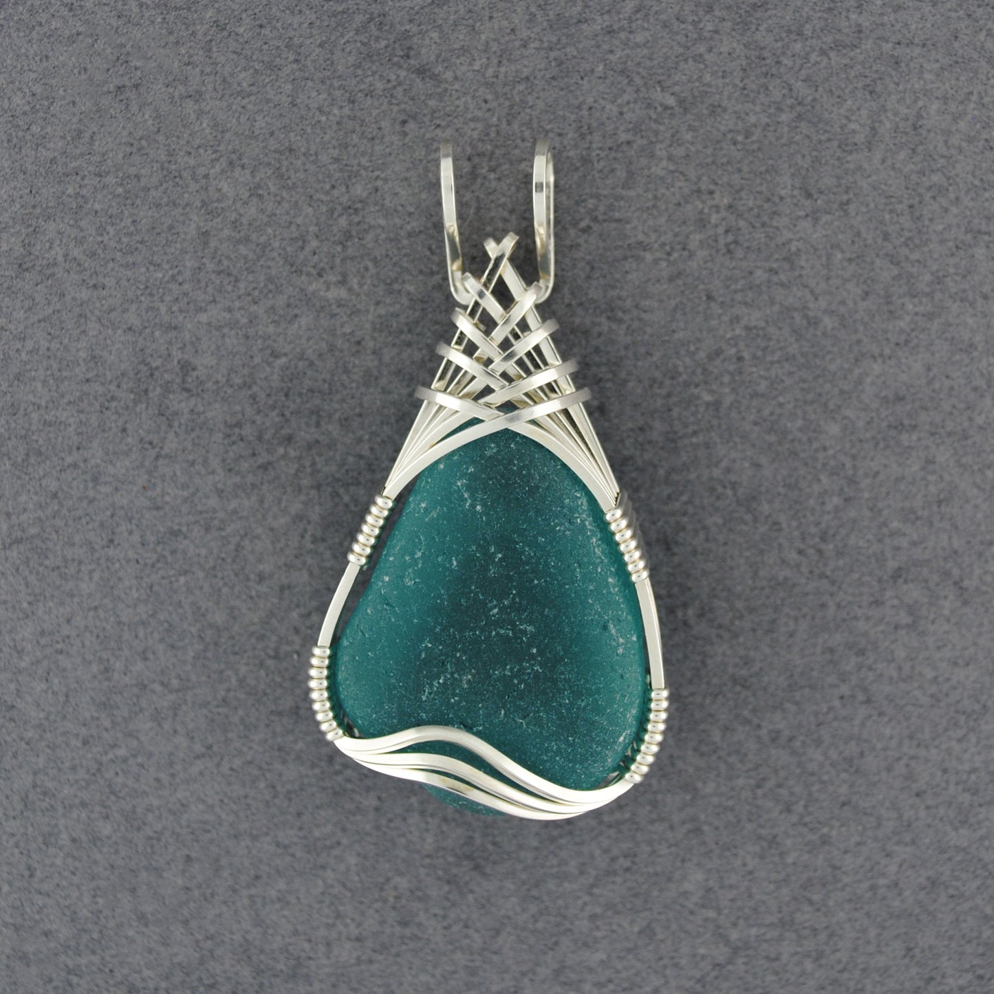 Sterling Silver Aqua Sea Glass Weave Pendant