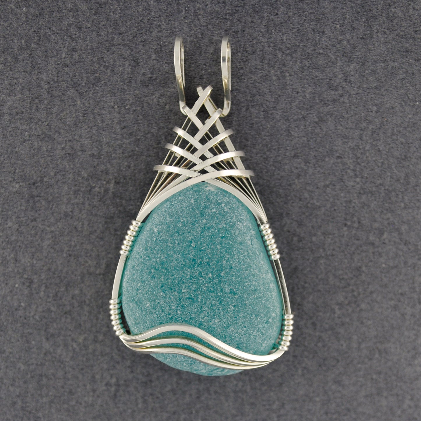 Sterling Silver Aqua Sea Glass Weave Pendant
