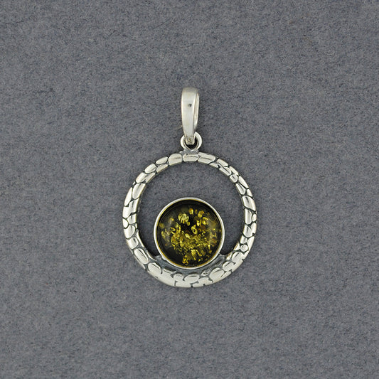 Green Amber in Detailed Circle Pendant