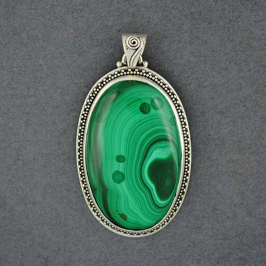 Sterling Silver Malachite Dotted Bezel Oval Pendant