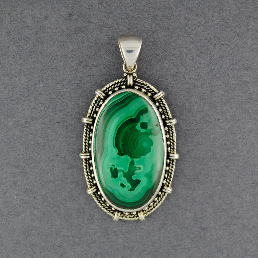 Sterling Silver Malachite Ornate Bezel Oval Pendant