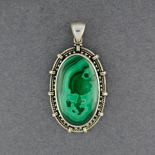 Sterling Silver Malachite Ornate Bezel Oval Pendant