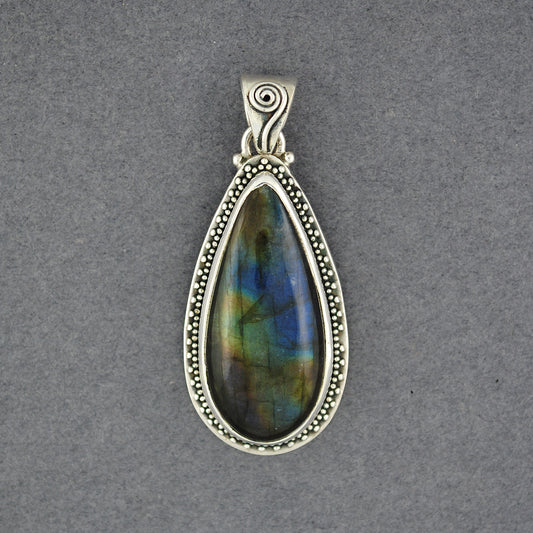 Sterling Silver Labradorite Dotted Bezel Teardrop Pendant
