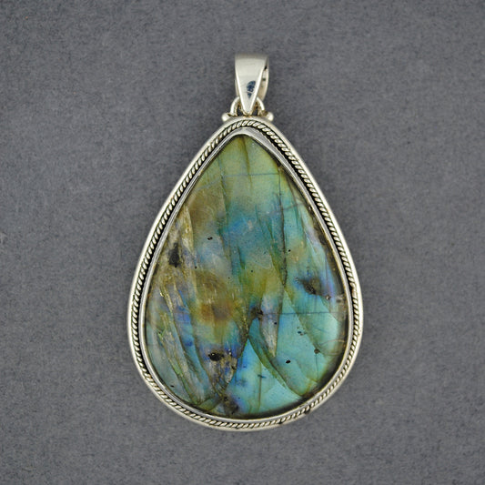 Sterling Silver Labradorite Large Teardrop Pendant with Rope Bezel