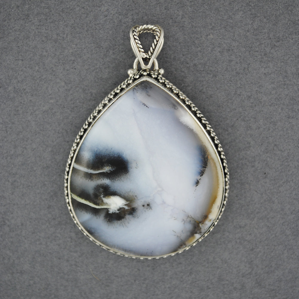 Sterling Silver Dendrite Agate Teardrop Pendant with Dotted Bezel