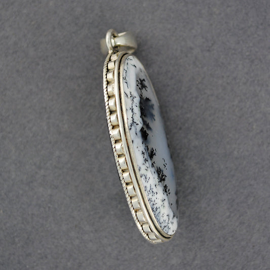 Sterling Silver Dendrite Agate Long Faceted Oval Pendant
