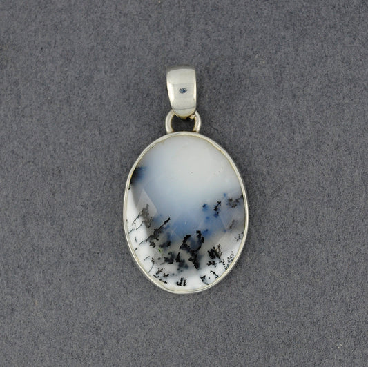 Sterling Silver Dendrite Agate Small Faceted Oval Pendant