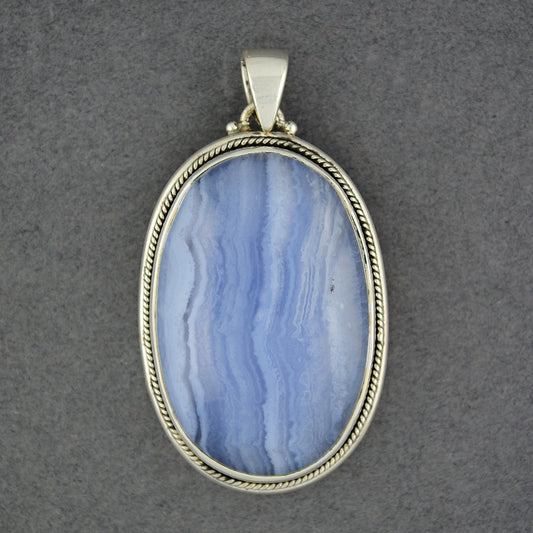 Sterling Silver Blue Lace Agate Oval Pendant with Rope Bezel