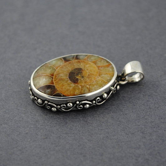 Sterling Silver Ammonite Pendant with Ornate Bezel