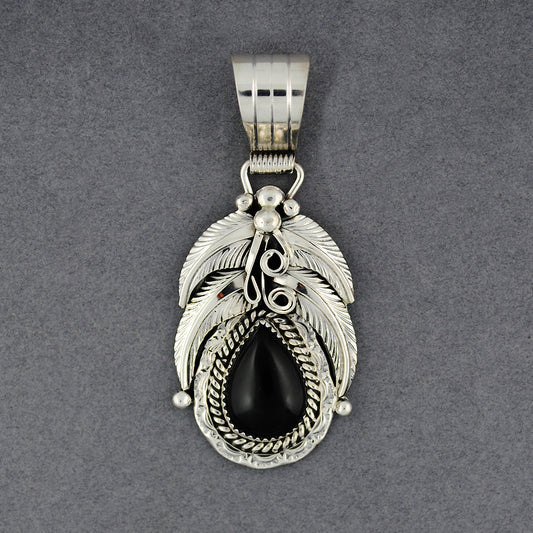 Sterling Silver Onyx Teardrop With Feathers Pendant