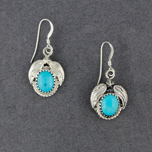Sterling Silver Turquoise Oval with Feathers Earrings