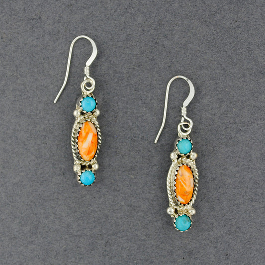 Sterling Silver Turquoise and Orange Spiny Oyster Earrings