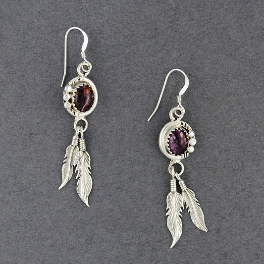 Sterling Silver Purple Spiny Oyster with Feathers Earrings