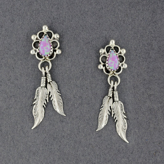 Sterling Silver Pink Opal with Feathers Earrings