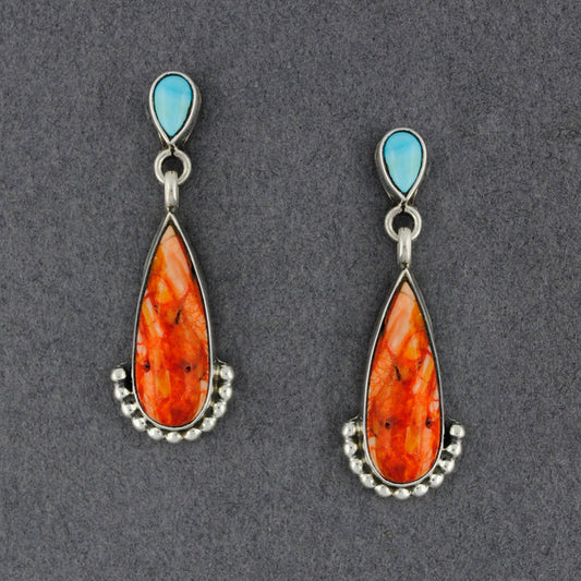 Sterling Silver Spiny Oyster and Turquoise Teardrop Post  Earrings