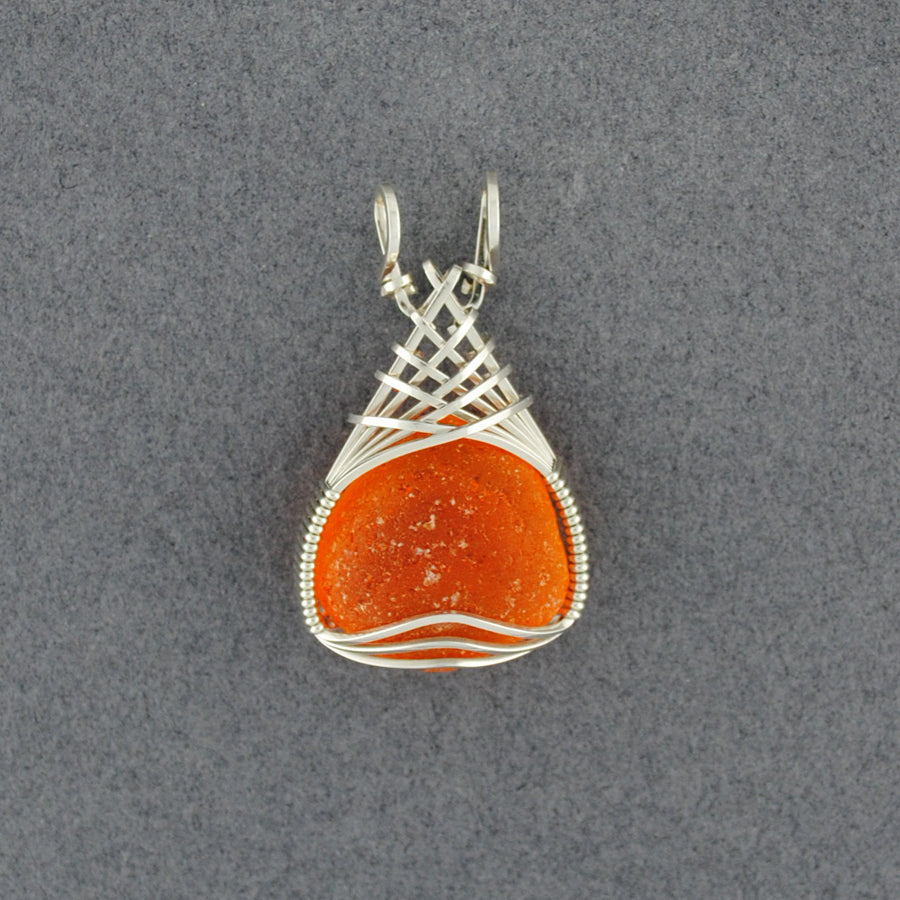 Sterling Silver Orange Sea Glass Weave Pendant