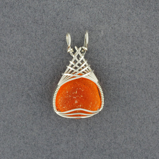 Sterling Silver Orange Sea Glass Weave Pendant